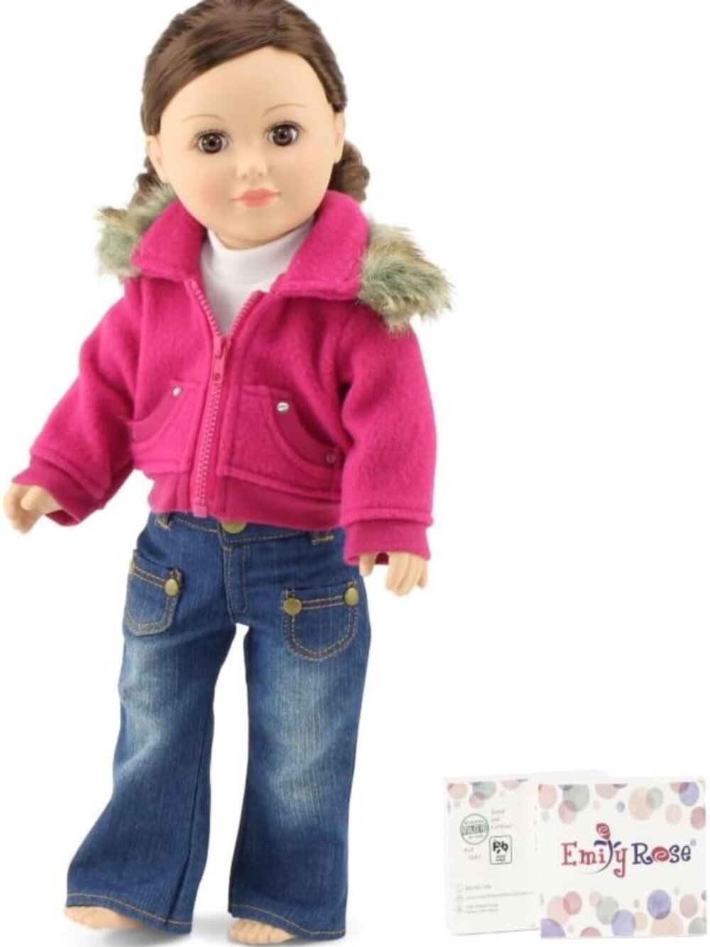 18" Doll Winter Outfit Set - Pink Faux Fur Coat, White Tee & Blue Jeans - Gift
